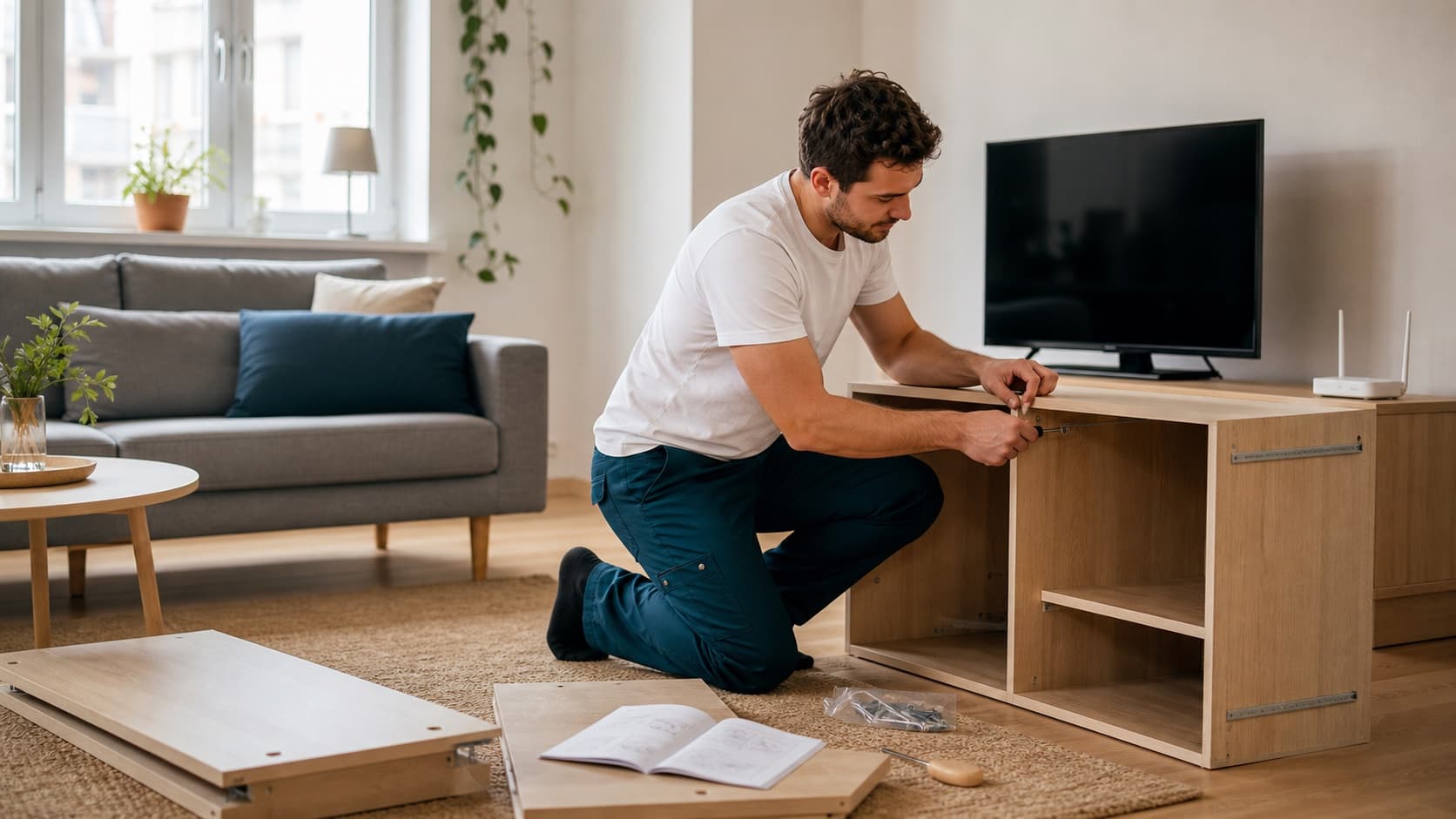Fixare som monterar en möbel i ett vardagsrum med TV och wifi