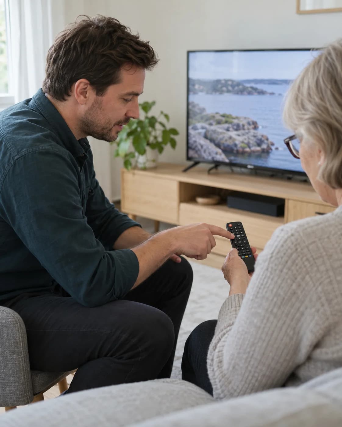 Fixare som hjälper en äldre person med TV:ns fjärrkontroll hemma